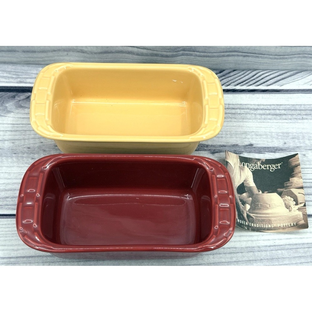2 LONGABERGER POTTERY WOVEN TRADITIONS MINI LOAF PANS - BUTTERNUT / PAPRIKA